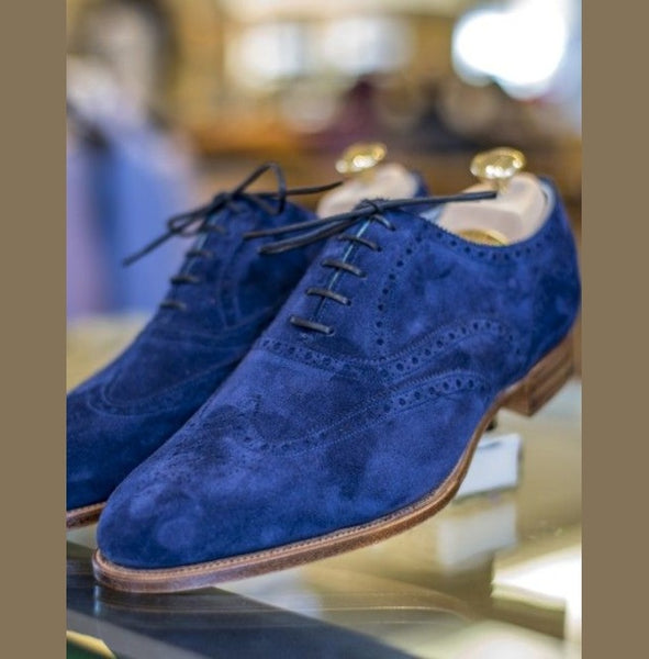Handmade Mens Brogue Blue Suede Shoes Men Wingtip Suede Blue Party Shoes Kings Klothes