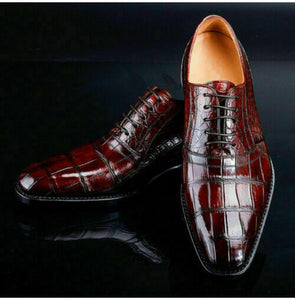Elegant Men Maroon Lace Up Crocodile Texture Leather Almond Toe Shoes - Kings Klothes 