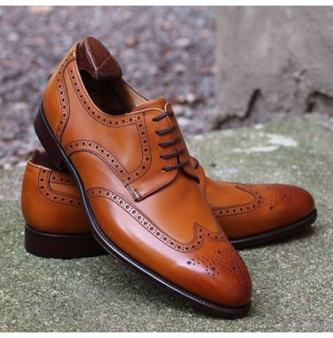 Handmade Brown Wing Tip Brogue Derby Lace Up Dress Leather - Kings Klothes 