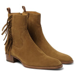 Hand Men Tan Color Ankle High Fringed Ankle High Suede Leather Boots, Boots - Kings Klothes 