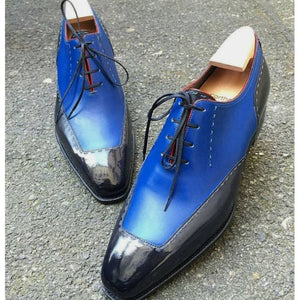 Handmade Men Black and Blue Leather Formal Dress Shoes With Lace up Closure - Kings Klothes 