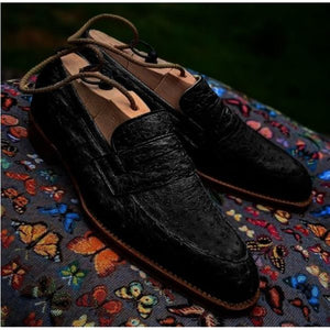 Handmade Men Black Ostrich Print Leather Dress Shoes , Business Shoes - Kings Klothes 