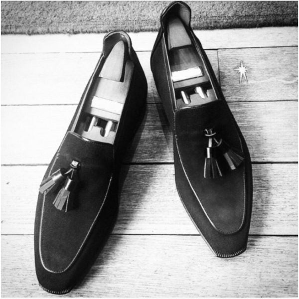 Handmade Men Black Suede Moccasin, Dress Tassel Shoes, Slip Ons Loafer Men - Kings Klothes 
