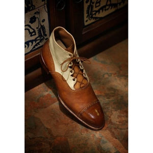 Handmade Men Brown and White Lace up Ankle Boot