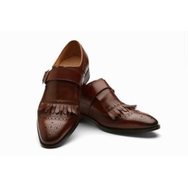 Handmade Men Brown Brogue Monk Strap Shoes With Fringes, Formal Shoes - Kings Klothes 