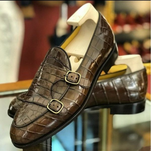 Handmade Men Brown Crocodile Shoes, Men Double Monk Dress Shoe