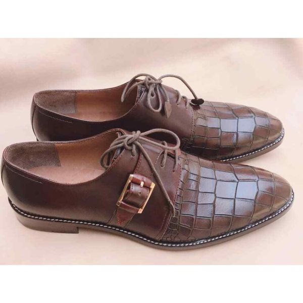 Handmade Men Brown Crocodile Patterned Monk Strap and Lace up Closure Shoes - Kings Klothes 