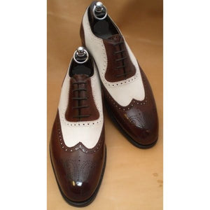 Handmade Men Dark Brown and White Brogue Shoes - Kings Klothes 
