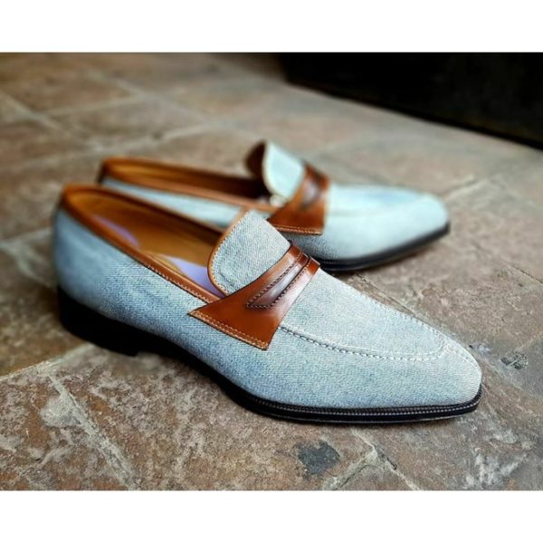 Handmade Men Denim Slip on Moccasin Shoes, Casual Slip on Shoes - Kings Klothes 