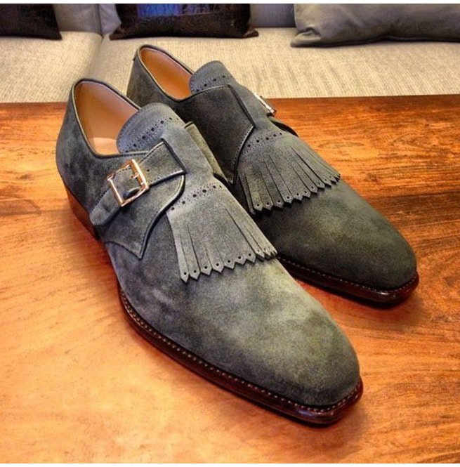 Handmade Men Gray Suede Monk Strap Fringes Shoes