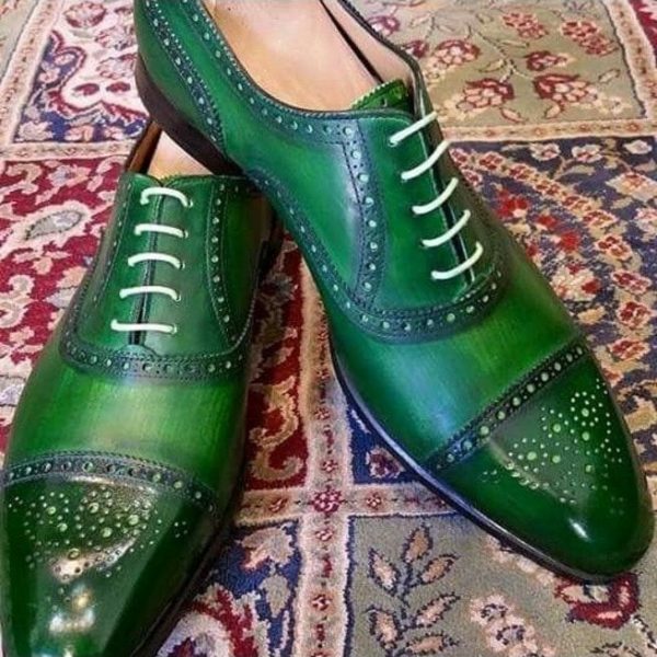 men green dress shoes Genuine Leather Lace-Up for Suits & More Or dare to be bold and wear these slippers the next night your out on the town.. Green Oxford Brogue Shoes 44