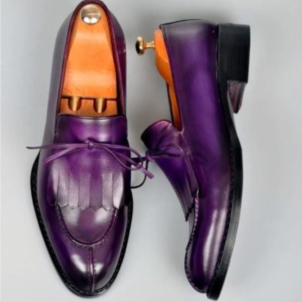 Handmade Men Oxford Fringe Purple Leather Party Shoes