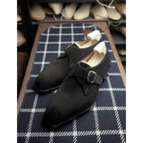 Handmade Men Square Toe Dress Shoes, Black Suede Buckle Business Shoes - Kings Klothes 