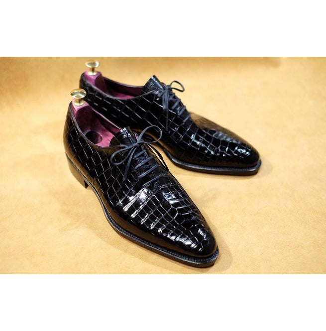 Handmade Mens Black Oxfords Dress Shoes, Black Crocodile Patterned Shoes - Kings Klothes 