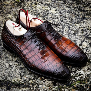 Handmade Mens Brown Crocodile Texture Lace up Dress Shoes