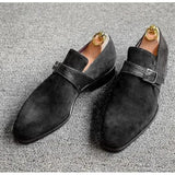 Formal Black Suede Handmade Monk Shoes, Black Suede Buckle Dress Shoes - Kings Klothes 