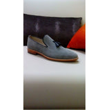 Handmade Men Gray Suede Loafer Shoes, Leather Moccasin Slipons - Kings Klothes 