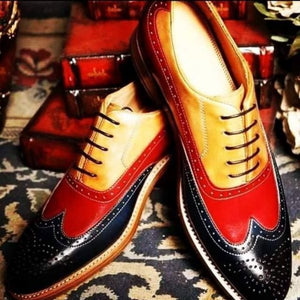 Handmade Men Three Tone Shoes, Wingtip Brogue Leather Shoes, Dress Shoes - Kings Klothes 