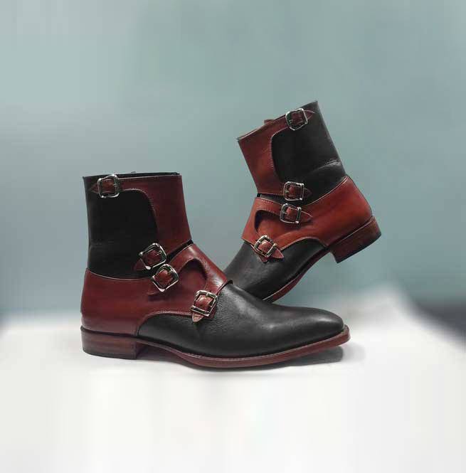 Ankle High Buckle Boot, Handmade Men's Red Black Leather Boot - Kings Klothes 